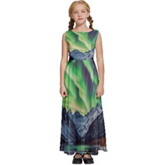 Lake Mountains Aorora Northern Lights Snow Kids  Satin Sleeveless Maxi Dress