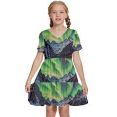 Lake Mountains Aorora Northern Lights Snow Kids  Short Sleeve Tiered Mini Dress by Paksenen