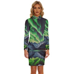 Lake Mountains Aorora Northern Lights Snow Long Sleeve Shirt Collar Bodycon Dress by Paksenen