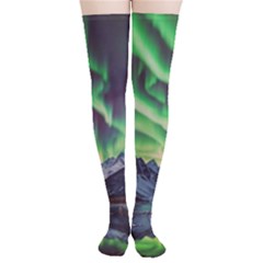 Lake Mountains Aorora Northern Lights Snow Thigh High Stockings by Paksenen