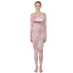 Lace White Ornamental Textile Long Sleeve Catsuit by Paksenen