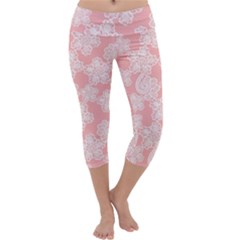 Lace White Ornamental Textile Capri Yoga Leggings