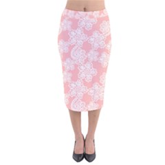 Lace White Ornamental Textile Velvet Midi Pencil Skirt by Paksenen