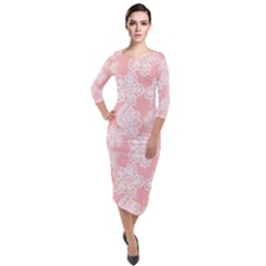 Lace White Ornamental Textile Quarter Sleeve Midi Velour Bodycon Dress