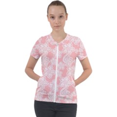 Lace White Ornamental Textile Short Sleeve Zip Up Jacket