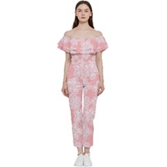 Lace White Ornamental Textile Bardot Ruffle Jumpsuit by Paksenen