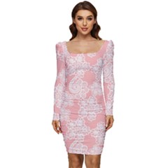 Lace White Ornamental Textile Women Long Sleeve Ruched Stretch Jersey Dress