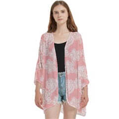 Lace White Ornamental Textile Open Front 3/4 Sleeve Batwing Chiffon Cardigan Kimono by Paksenen