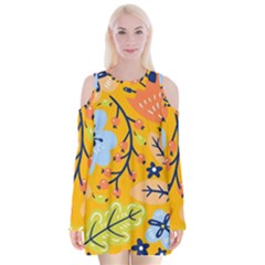 Floral Pattern Beautiful Aesthetic Velvet Long Sleeve Shoulder Cutout Dress