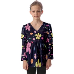 Foliage Pattern Beautiful Aesthetic Secret Garden Kids  V Neck Casual Top