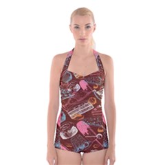 Sweet Food Seamless Pattern Boyleg Halter Swimsuit 