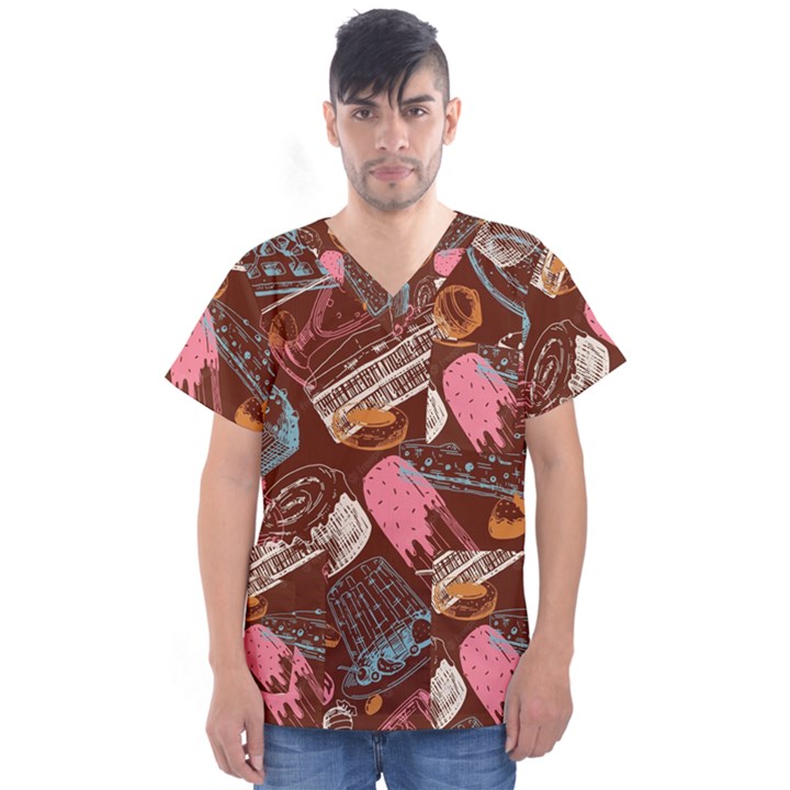 Sweet Food Seamless Pattern Men s V-Neck Scrub Top