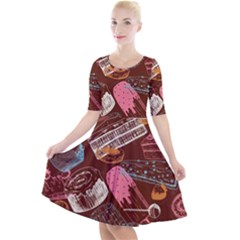 Sweet Food Seamless Pattern Quarter Sleeve A-line Dress With Pockets