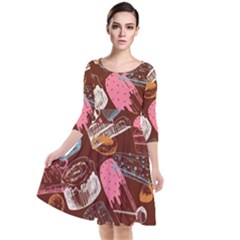 Sweet Food Seamless Pattern Quarter Sleeve Waist Band Dress