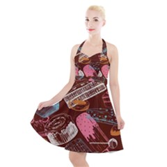 Sweet Food Seamless Pattern Halter Party Swing Dress 