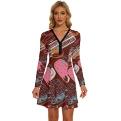 Sweet Food Seamless Pattern Long Sleeve Deep V Mini Dress  by Paksenen