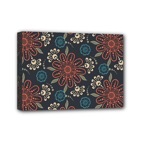 Retro Texture With Orange Flowers Floral Mini Canvas 7  X 5  (stretched)