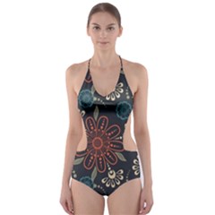 Retro Texture With Orange Flowers Floral Cut-out One Piece Swimsuit