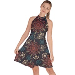 Retro Texture With Orange Flowers Floral Sleeveless Halter Neck A-line Dress