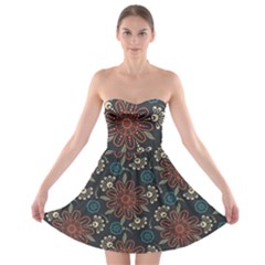 Retro Texture With Orange Flowers Floral Strapless Bra Top Dress