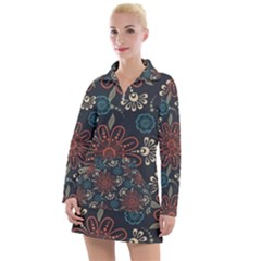 Retro Texture With Orange Flowers Floral Women s Long Sleeve Casual Dress