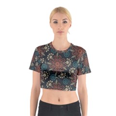 Retro Texture With Orange Flowers Floral Cotton Crop Top