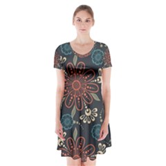 Retro Texture With Orange Flowers Floral Short Sleeve V-neck Flare Dress