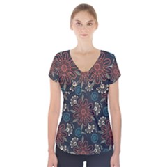 Retro Texture With Orange Flowers Floral Short Sleeve Front Detail Top