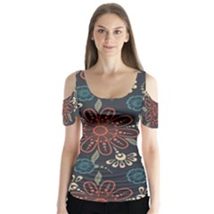 Retro Texture With Orange Flowers Floral Butterfly Sleeve Cutout T-shirt 