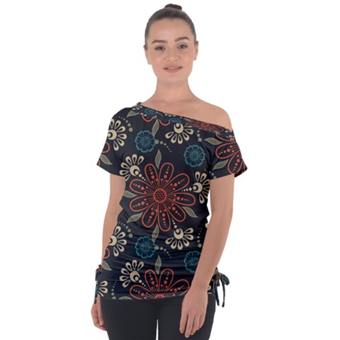 Retro Texture With Orange Flowers Floral Off Shoulder Tie-up T-shirt by Paksenen