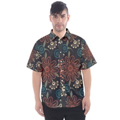 Retro Texture With Orange Flowers Floral Men s Short Sleeve Shirt