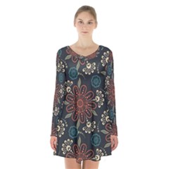 Retro Texture With Orange Flowers Floral Long Sleeve Velvet V-neck Dress