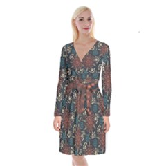 Retro Texture With Orange Flowers Floral Long Sleeve Velvet Front Wrap Dress