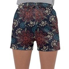 Retro Texture With Orange Flowers Floral Sleepwear Shorts