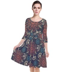 Retro Texture With Orange Flowers Floral Quarter Sleeve Waist Band Dress