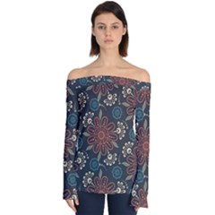 Retro Texture With Orange Flowers Floral Off Shoulder Long Sleeve Top