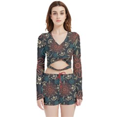 Retro Texture With Orange Flowers Floral Velvet Wrap Crop Top And Shorts Set