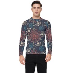 Retro Texture With Orange Flowers Floral Men s Long Sleeve Rash Guard