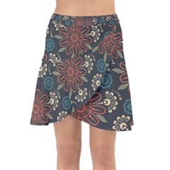 Retro Texture With Orange Flowers Floral Wrap Front Skirt