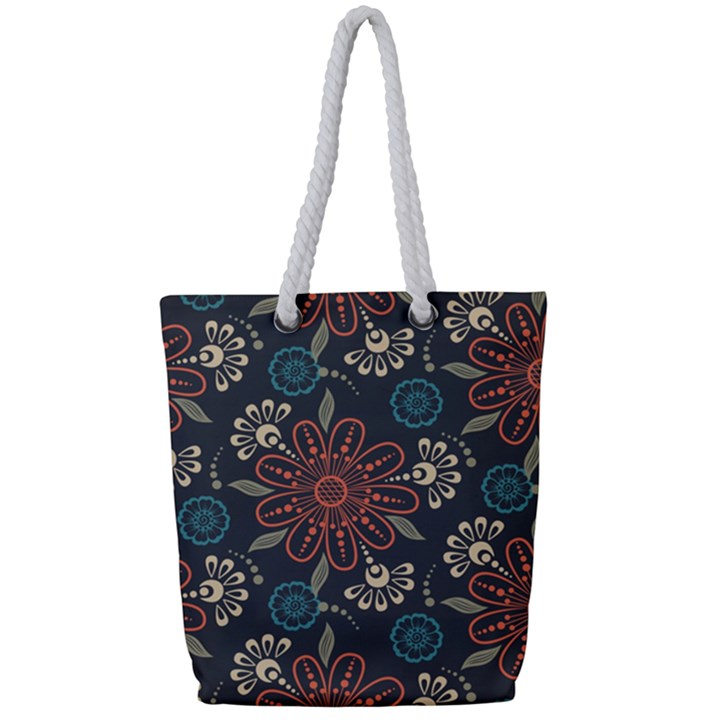 Retro Texture With Orange Flowers Floral Full Print Rope Handle Tote (Small)