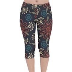 Retro Texture With Orange Flowers Floral Velvet Capri Leggings 