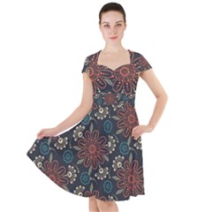 Retro Texture With Orange Flowers Floral Cap Sleeve Midi Dress With Pockets by Paksenen