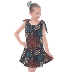 Retro Texture With Orange Flowers Floral Kids  Tie Up Tunic Dress