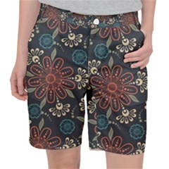 Retro Texture With Orange Flowers Floral Women s Pocket Shorts