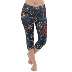 Retro Texture With Orange Flowers Floral Lightweight Velour Capri Yoga Leggings