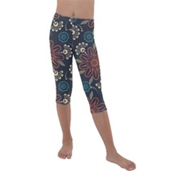 Retro Texture With Orange Flowers Floral Kids  Lightweight Velour Capri Leggings 