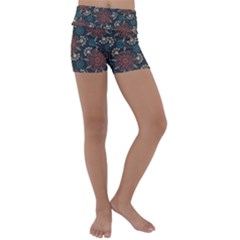 Retro Texture With Orange Flowers Floral Kids  Lightweight Velour Yoga Shorts