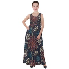 Retro Texture With Orange Flowers Floral Empire Waist Velour Maxi Dress