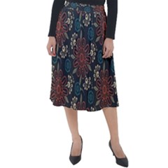 Retro Texture With Orange Flowers Floral Classic Velour Midi Skirt 