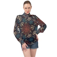 Retro Texture With Orange Flowers Floral High Neck Long Sleeve Chiffon Top